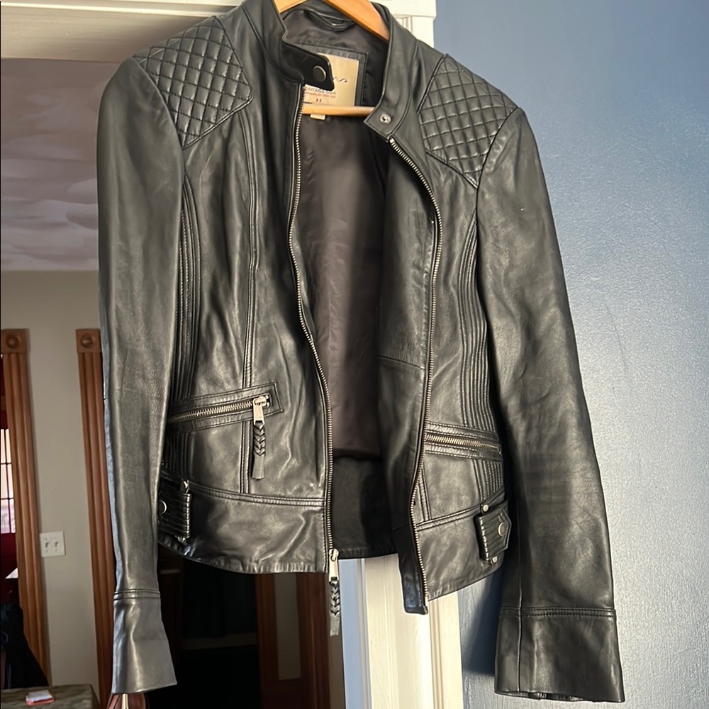Wilsons Leather Black Motorcycle Jacket with Quilted Shoulders